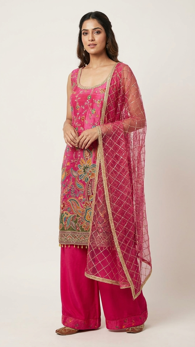 Rani pink suit with multicolor floral embroidery Chandni Chowk festive wear for women