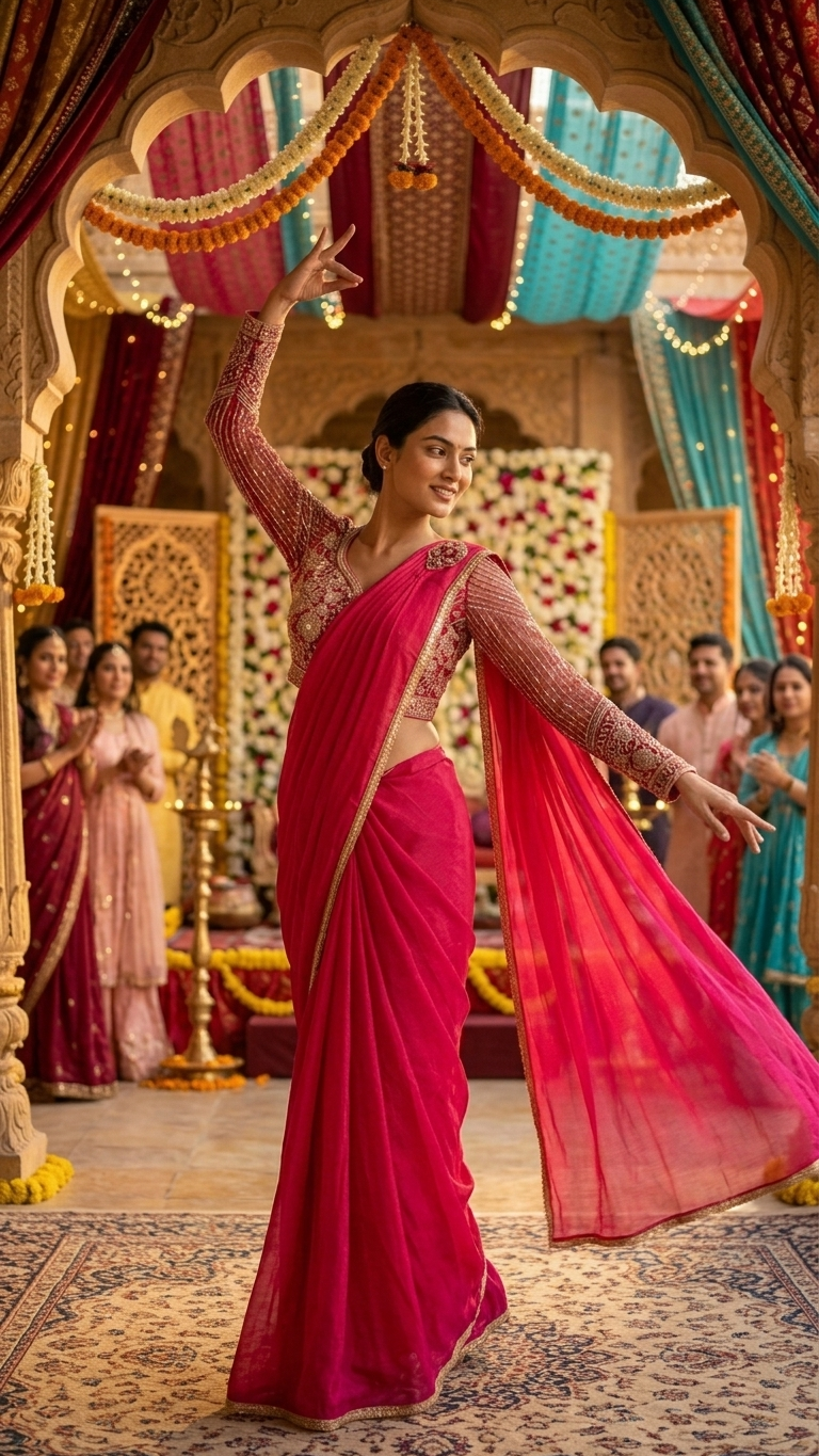 Red classic saree inspired by Chandni Chowk traditional ethnic fashion