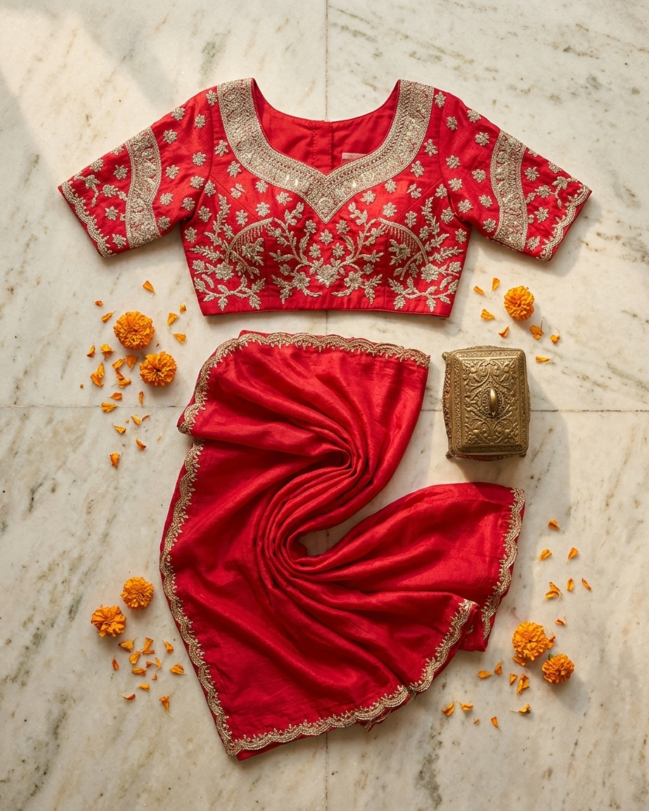 Cherry red modern saree inspired by Chandni Chowk fashion