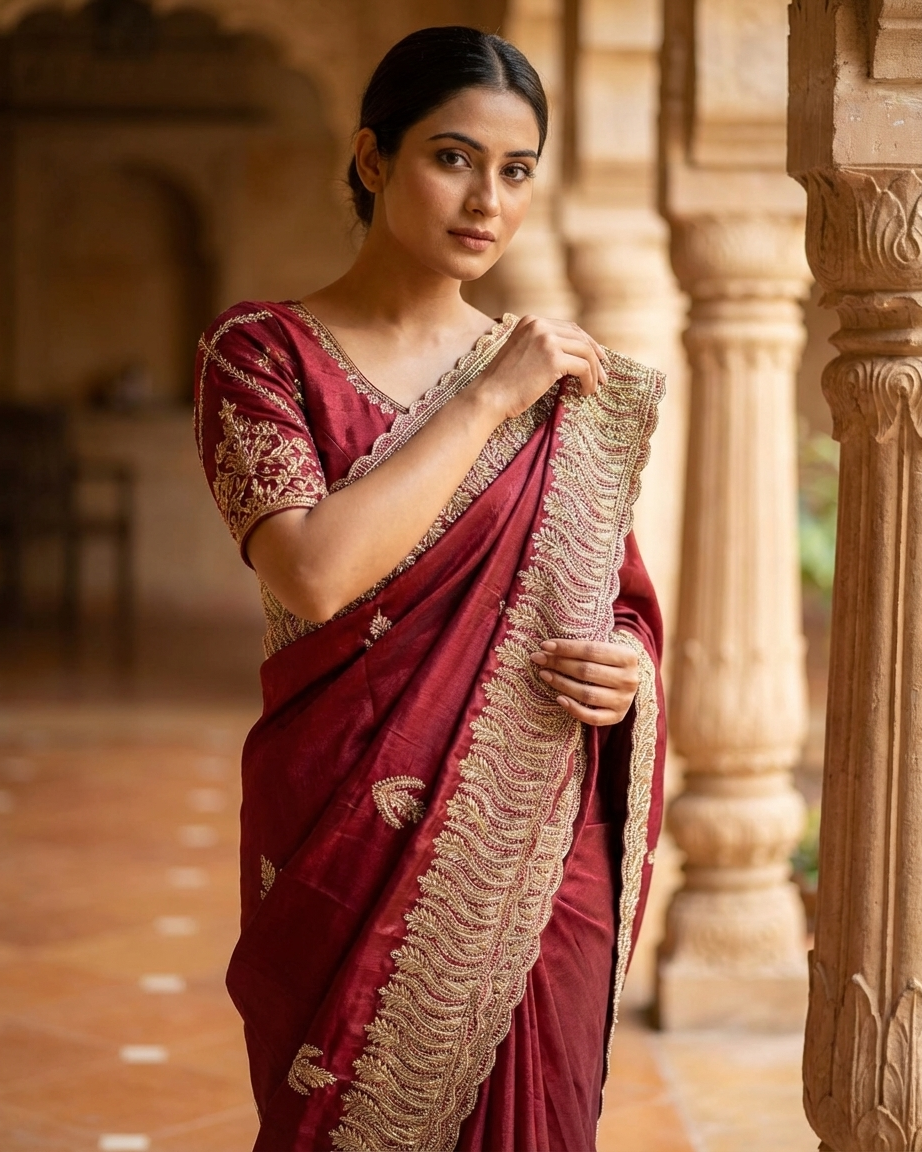 Red chinon crepe saree with zari work simple elegant festive wear from Chandni Chowk Delhi