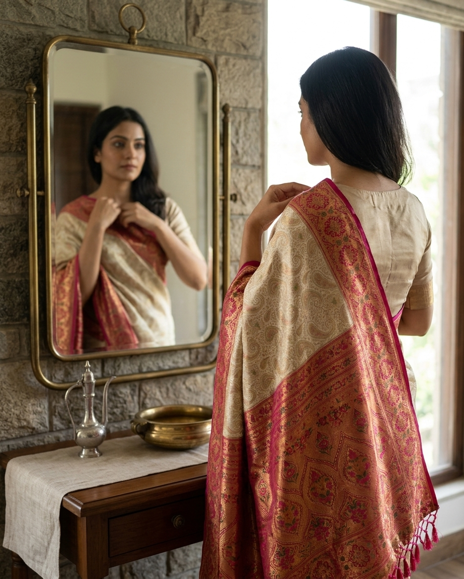 Red and cream Kanchiwaram silk saree traditional wedding saree from Chandni Chowk Delhi