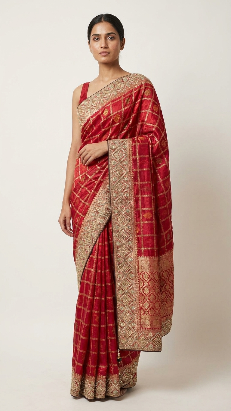 Red maroon gazji silk saree with gota patti border Chandni Chowk wedding wear