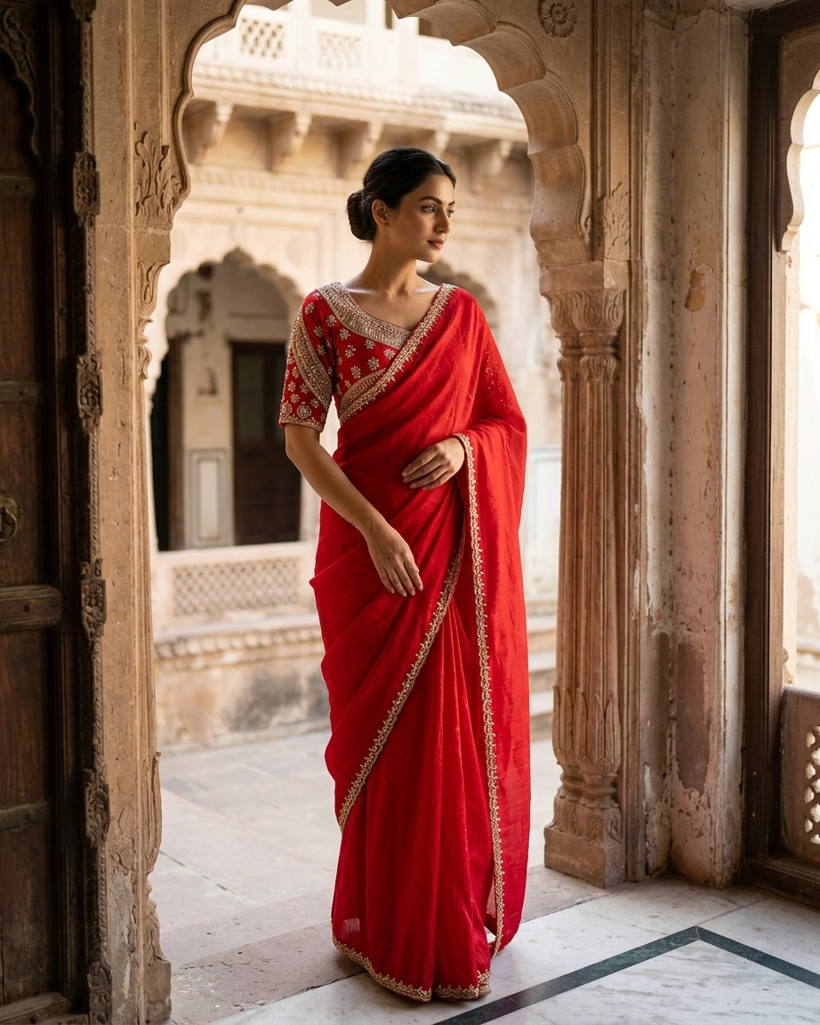 Cherry red saree affordable party and festive wear for women India