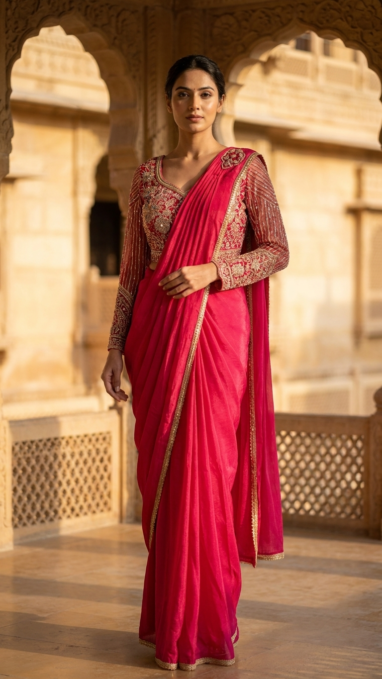 Red georgette saree with flowy drape elegant Chandni Chowk fashion