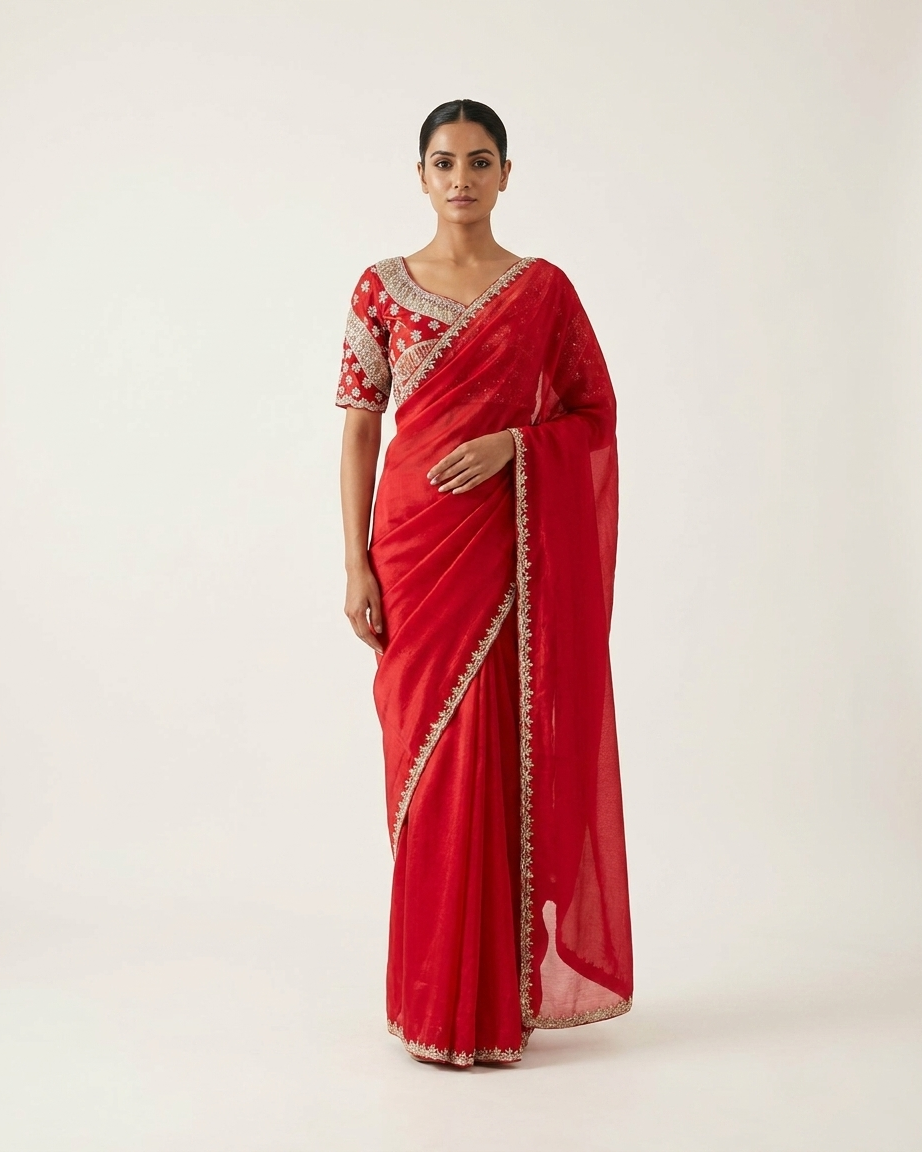 Red saree with katdana embroidery stylish ethnic fashion Chandni Chowk