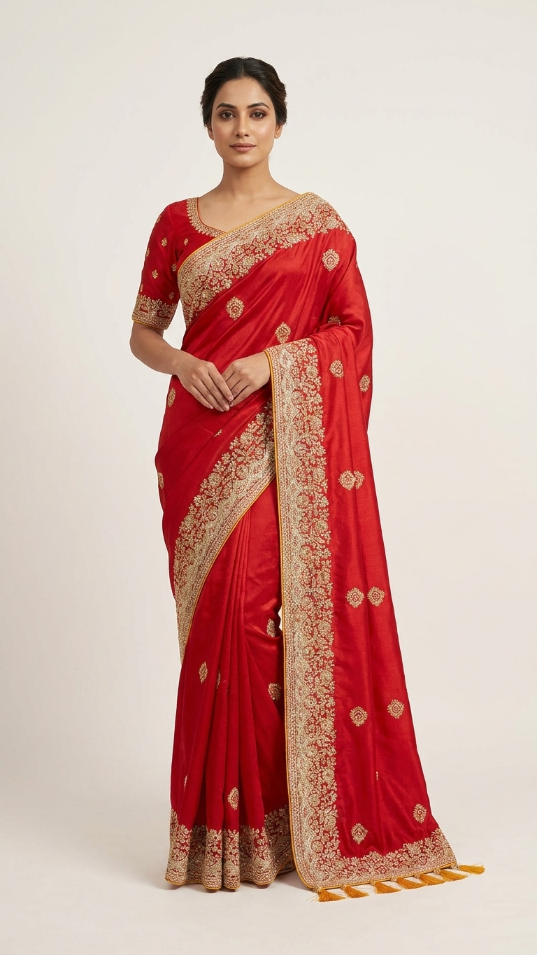 Red saree with zarkan embellishments and zari work festive ethnic fashion