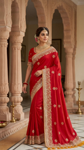Red satin saree with pitta zari and zarkan work Chandni Chowk wedding wear