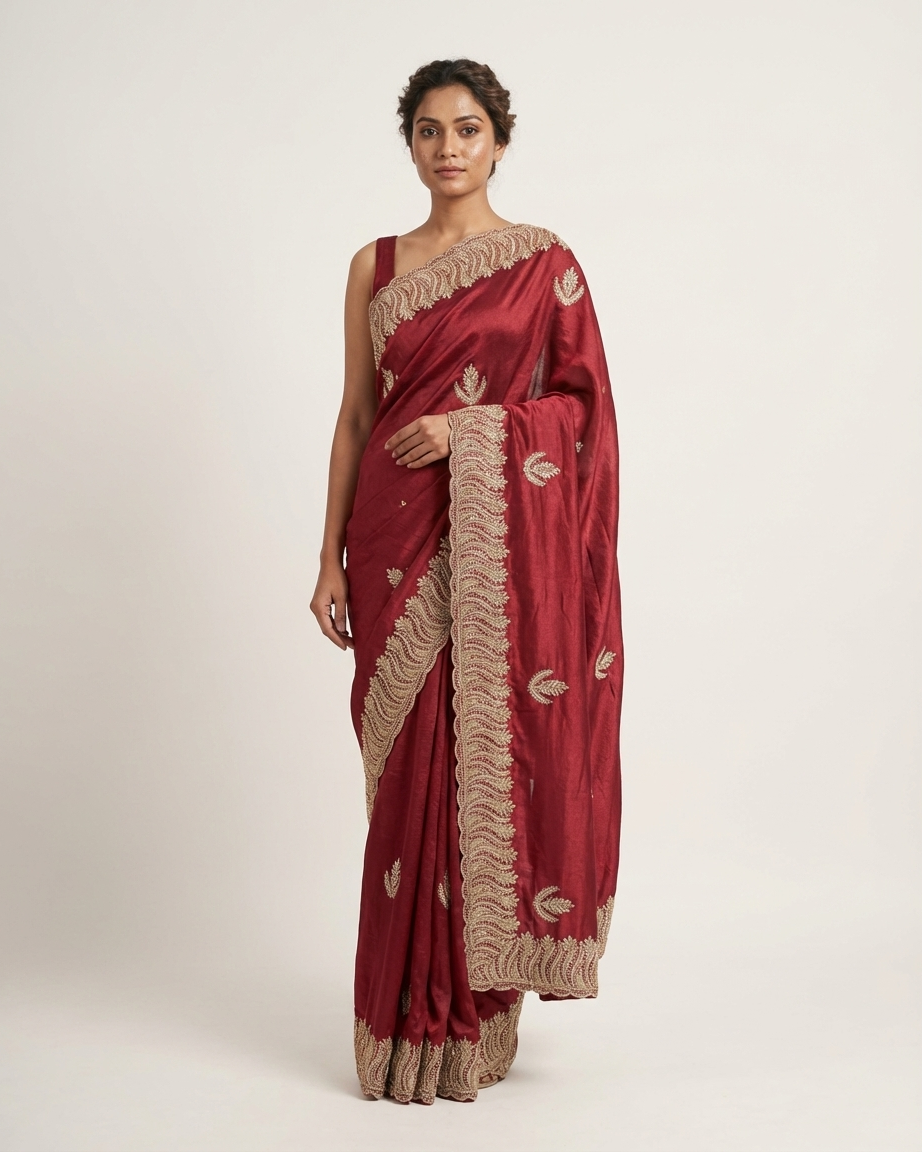 Red saree draped look with zari work elegant traditional outfit for Indian occasions