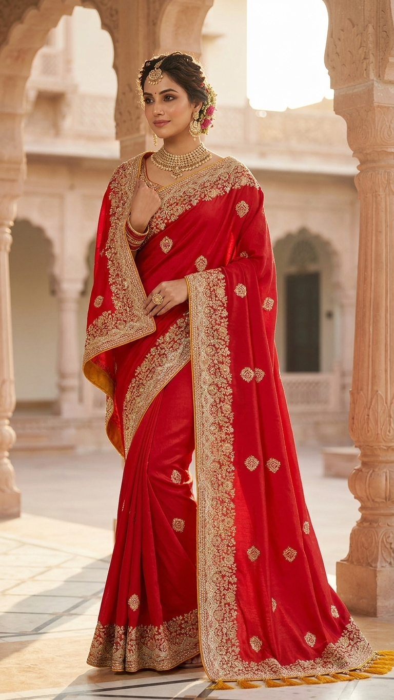 Red satin saree perfect for wedding and festive wear for women India