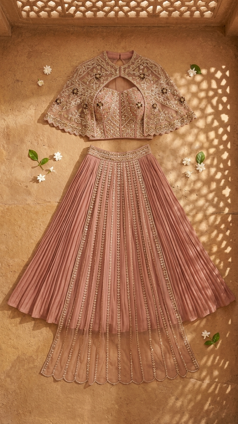 Rose gold lehenga with cape stylish cocktail and reception wear for women India
