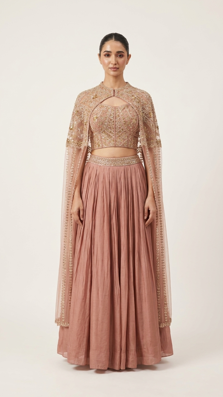 Rose gold lehenga with cape stylish cocktail and reception wear for women India