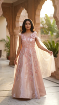 Rose gold tint gown with thread embroidery and sequin work Chandni Chowk style outfit