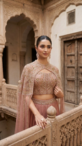 Rose gold indo western lehenga with cape and 3D floral blouse Chandni Chowk wedding wear