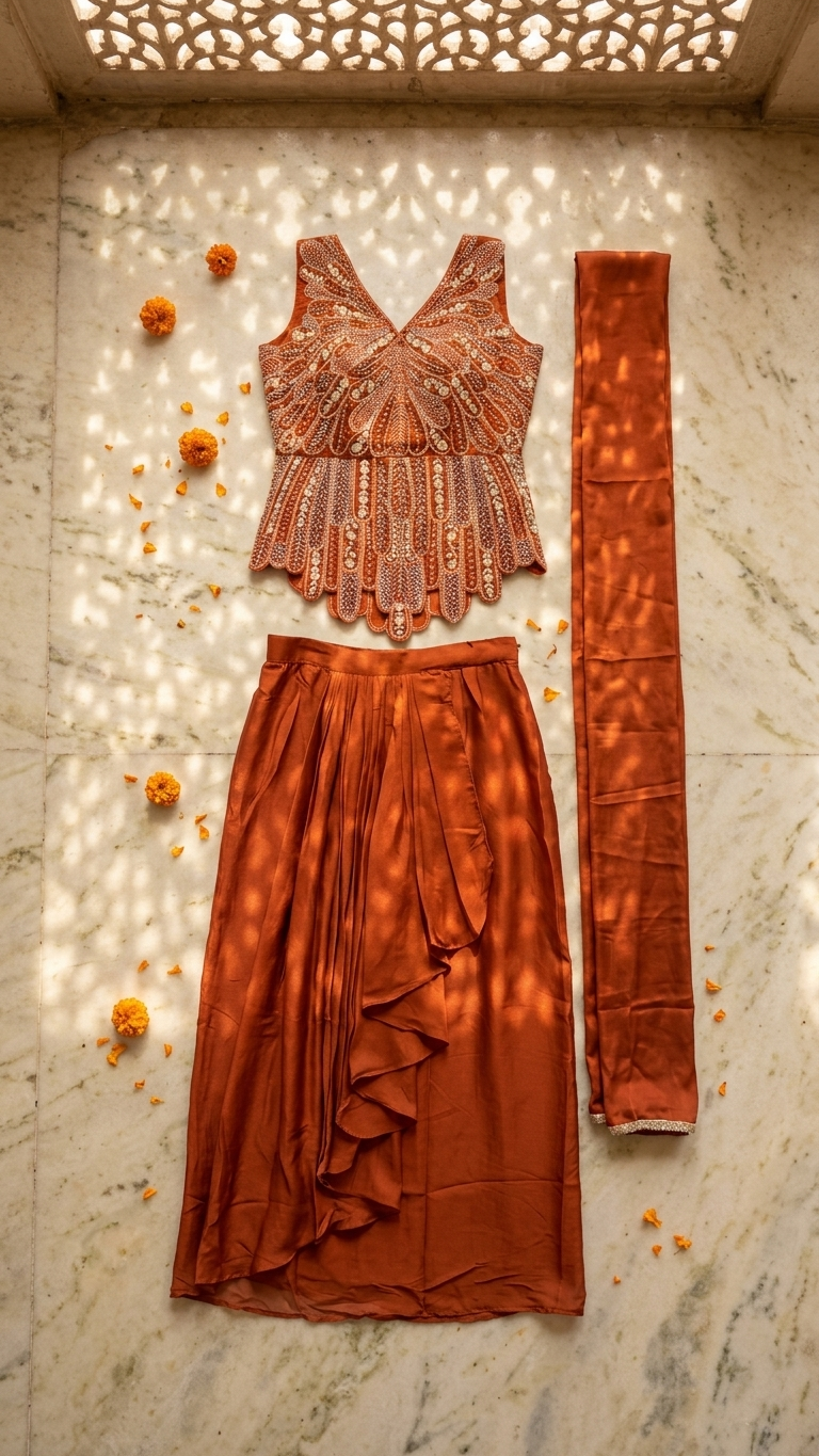 Rust orange festive indo western outfit with mirror work Chandni Chowk inspired fashion