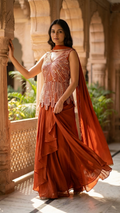 Rust orange indo western outfit with mirror work Chandni Chowk mehendi festive wear