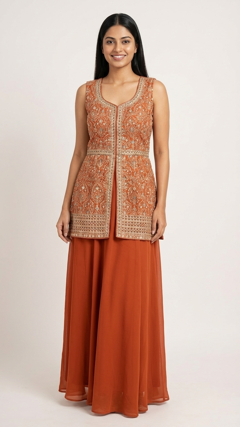 Rust orange kurti plazo set in georgette fabric daily wear office wear ethnic outfit for women