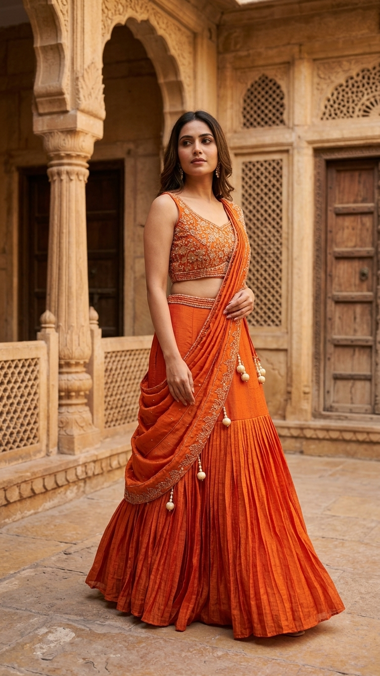 Rust orange indo western outfit with zari thread and sequin work Chandni Chowk style