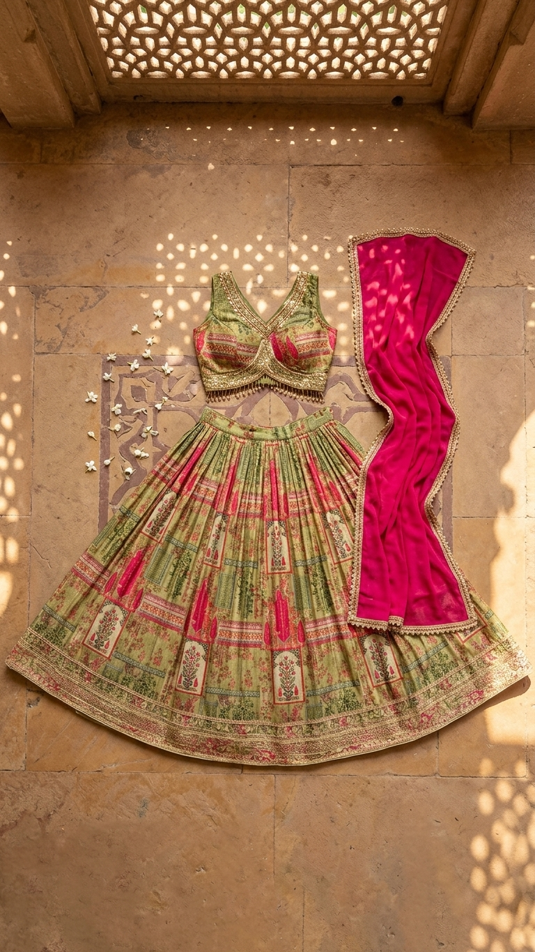 Sage green trendy lehenga inspired by Chandni Chowk modern ethnic fashion