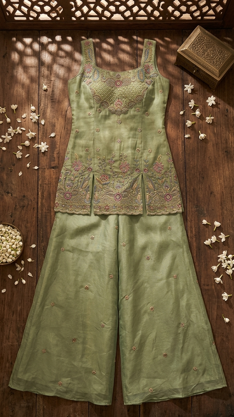 Sage green sharara suit with floral embroidery Chandni Chowk festive wear for women