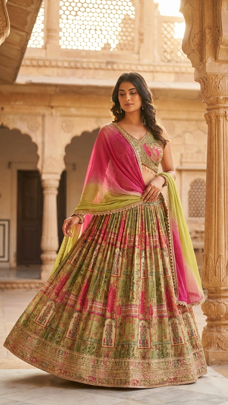 Sage green lehenga with digital prints and thread embroidery Chandni Chowk fashion