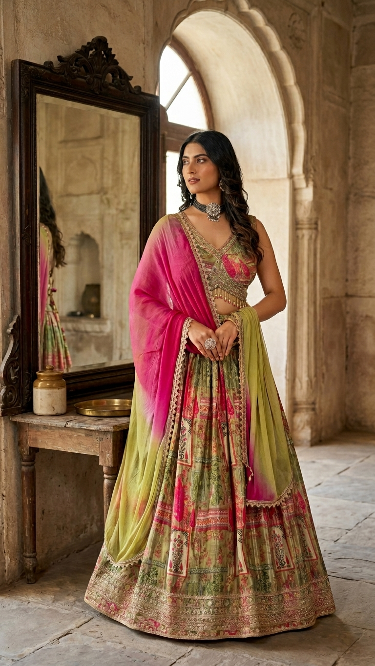 Sage green printed lehenga with embroidered blouse Chandni Chowk festive wear for women