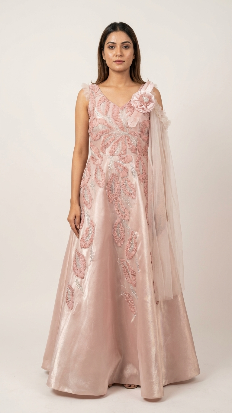 Blush pink satin net gown elegant reception wear outfit for women with sequin detailing