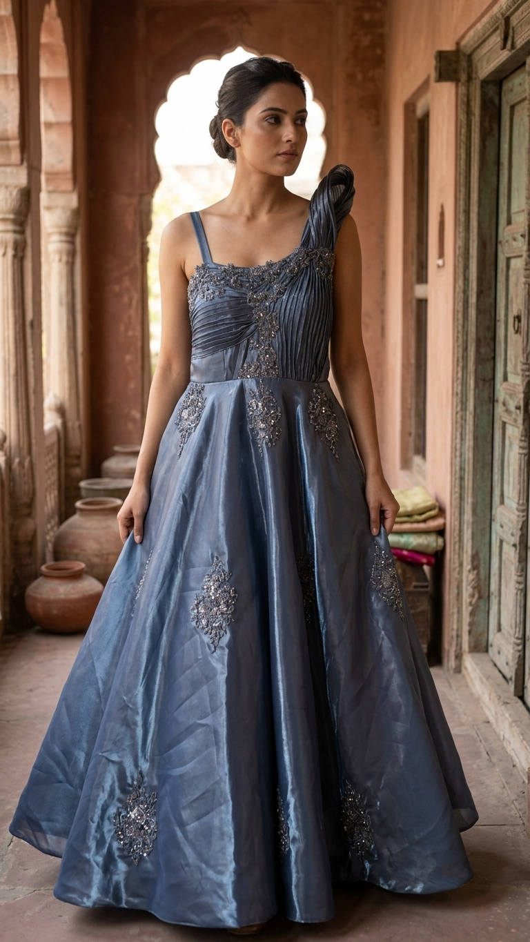 Steel grey satin organza gown elegant reception and cocktail wear outfit for women