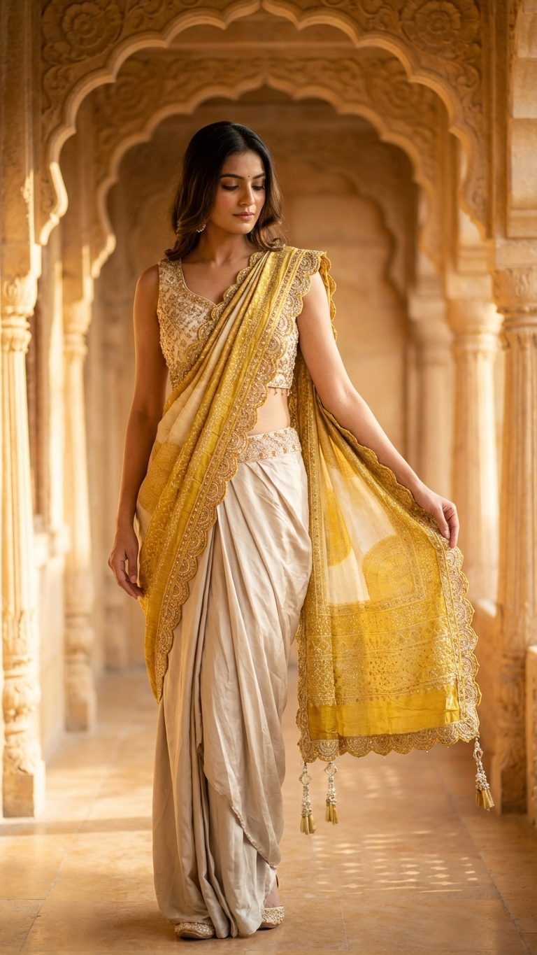 Ivory mustard satin silk indo western outfit stylish party wear for women India