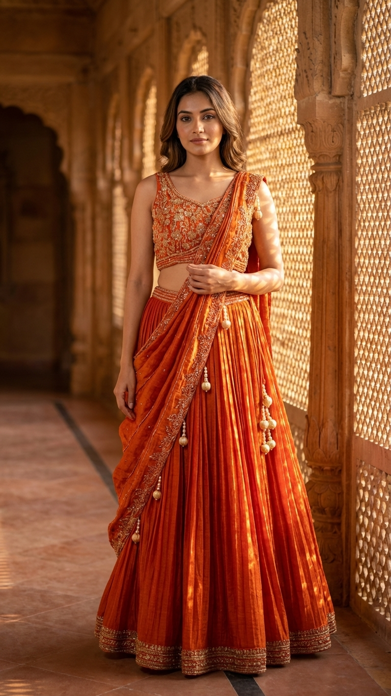 Burnt orange satin silk saree stylish party wear for women India