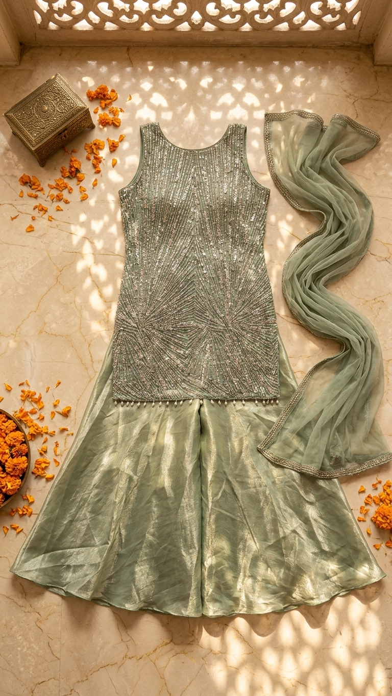 Sea green suit set inspired by Chandni Chowk festive fashion for women