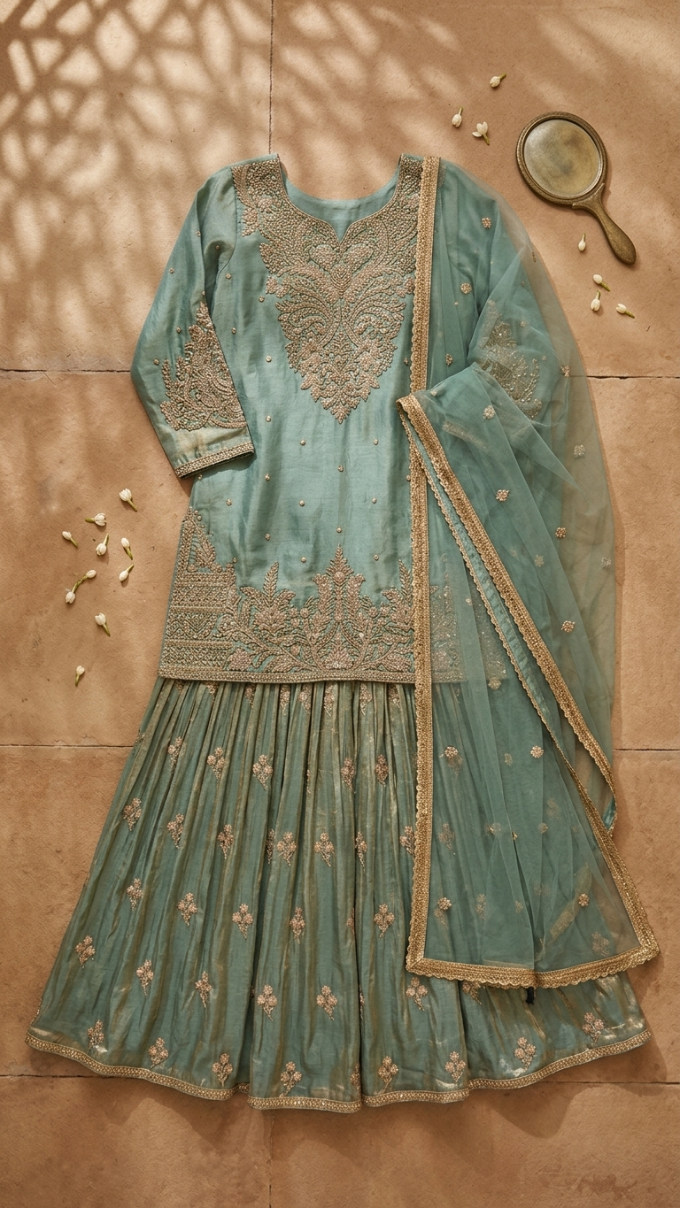 Sea green traditional suit inspired by Chandni Chowk ethnic fashion