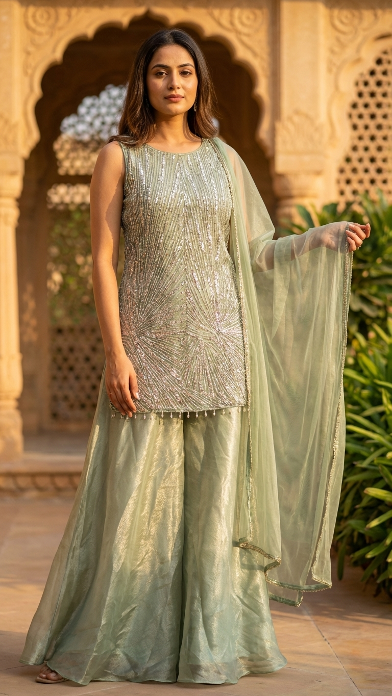 Sea green ethnic suit with heavy sequin work stylish party wear for women India