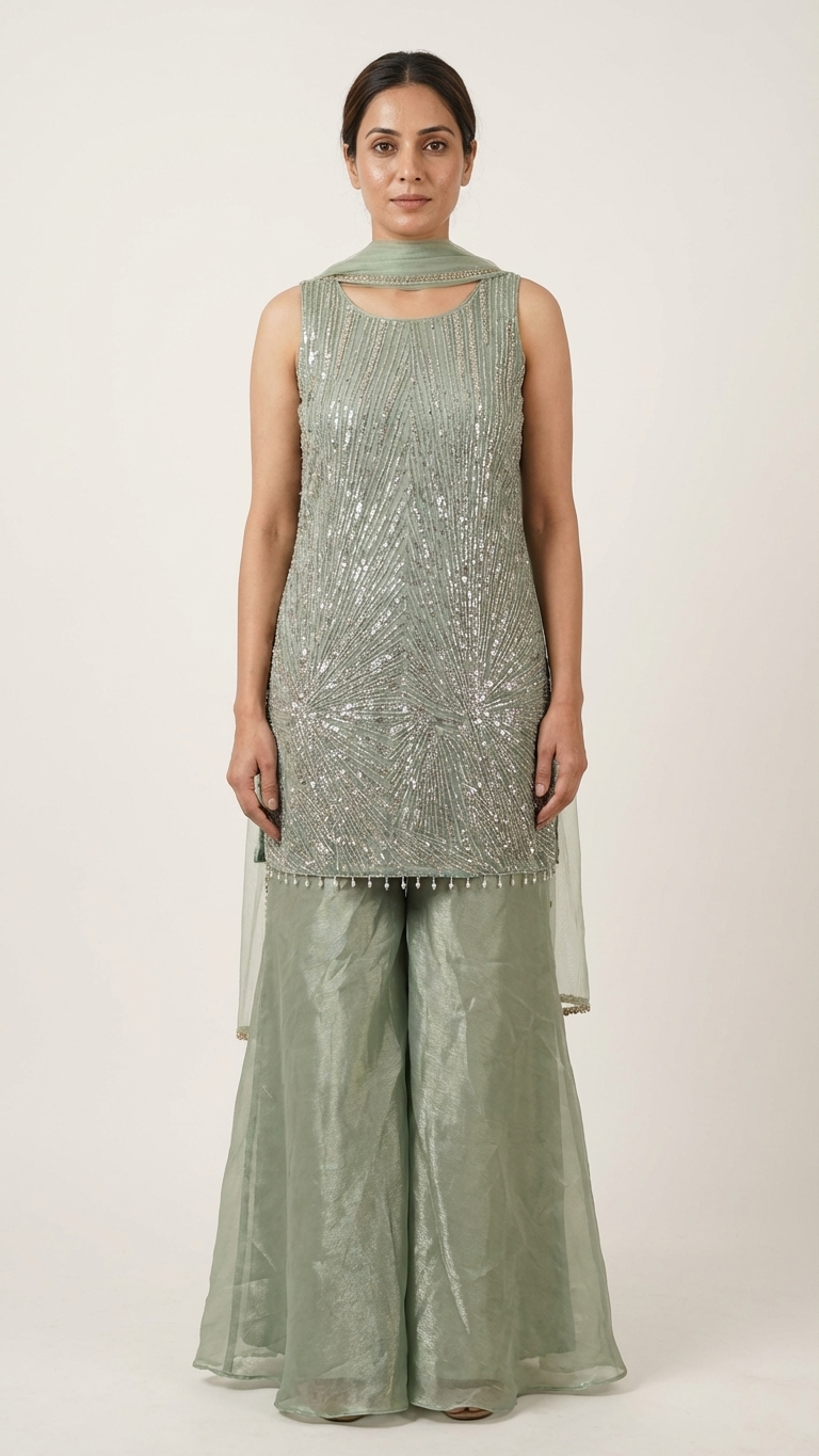 Sea green organza silk suit with sequin work Chandni Chowk festive wear for women