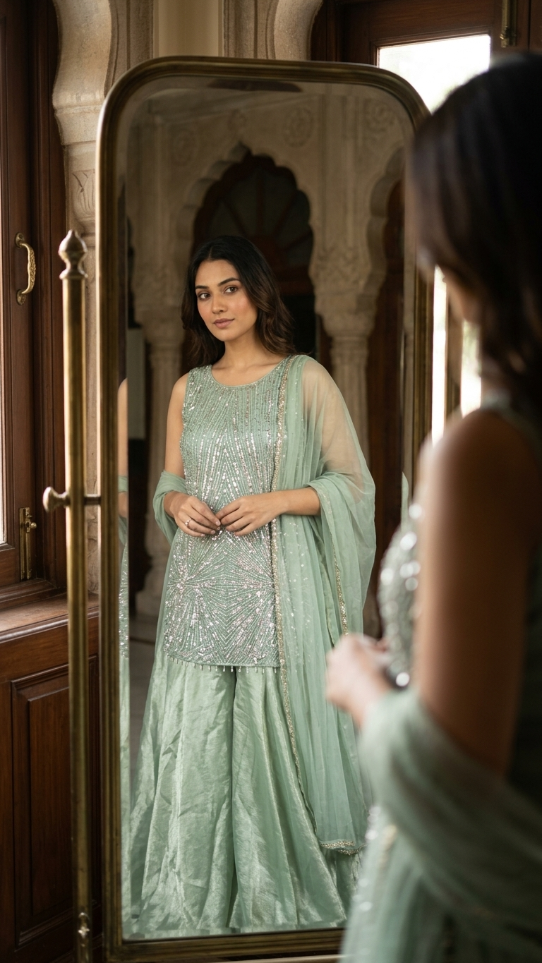 Sea green suit with cutdana and sequin work Chandni Chowk style ethnic wear