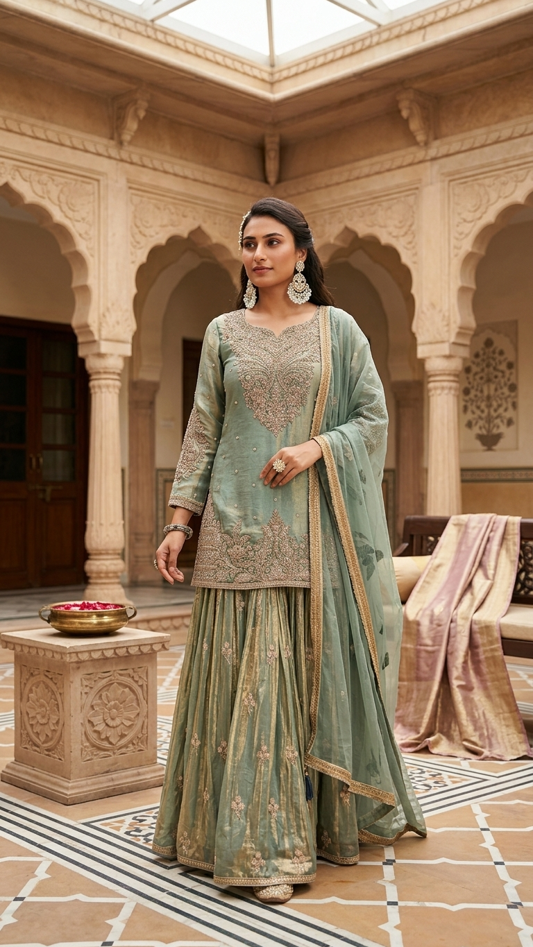 Sea green sharara suit elegant wedding and festive wear for women India