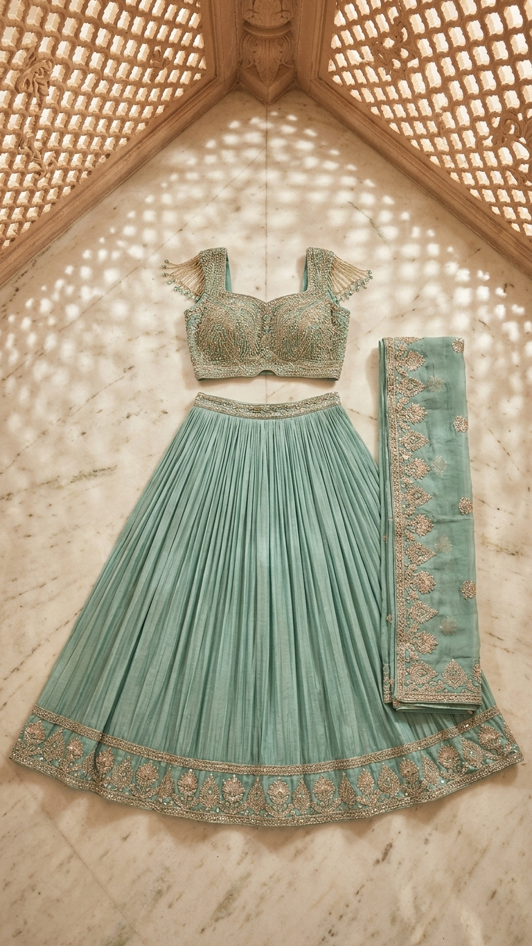 Seafoam blue lehenga stylish cocktail and reception wear for women India