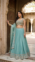 Seafoam blue lehenga with zardosi work and crystal fringe blouse Chandni Chowk wedding wear