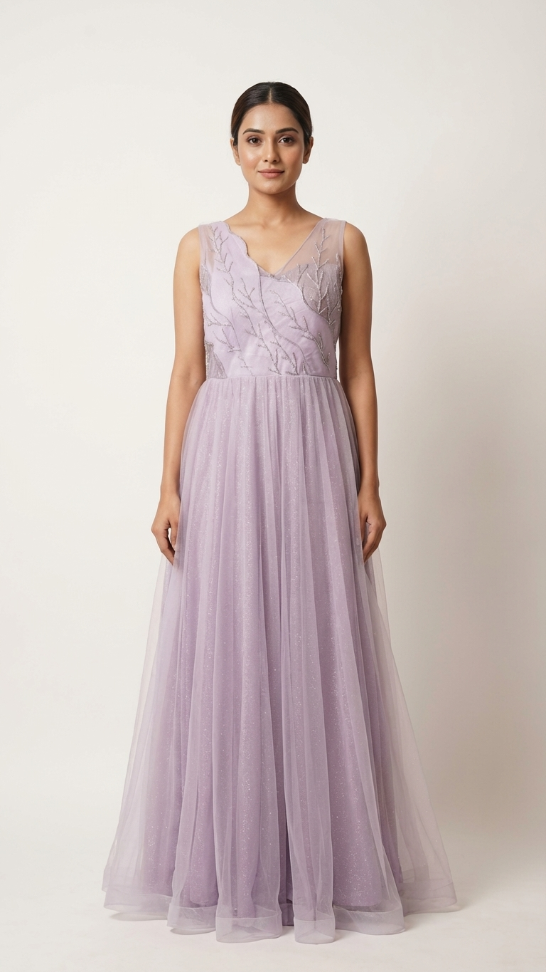 Lavender shimmer gown elegant party wear outfit for women with detailed handwork