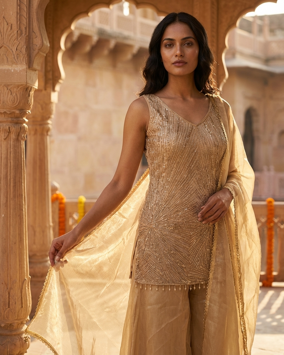 Shimmer fabric golden suit set stylish festive outfit for women Dilli 6 collection