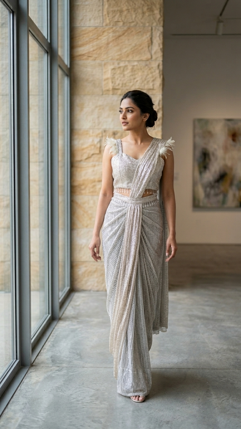 Metallic silver glam saree inspired by Chandni Chowk modern ethnic fashion