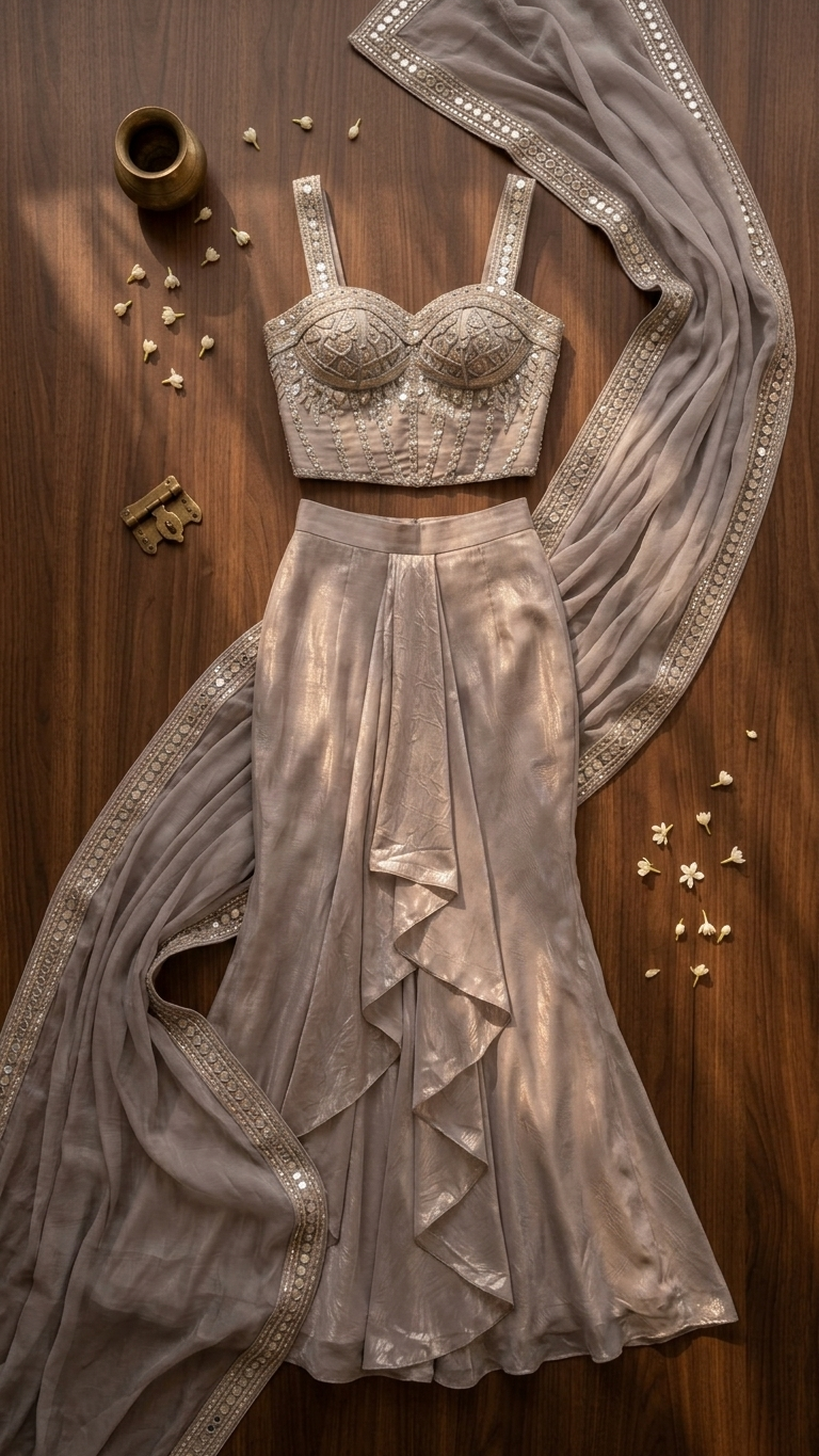 Modern silver glam ethnic outfit inspired by Chandni Chowk luxury fashion