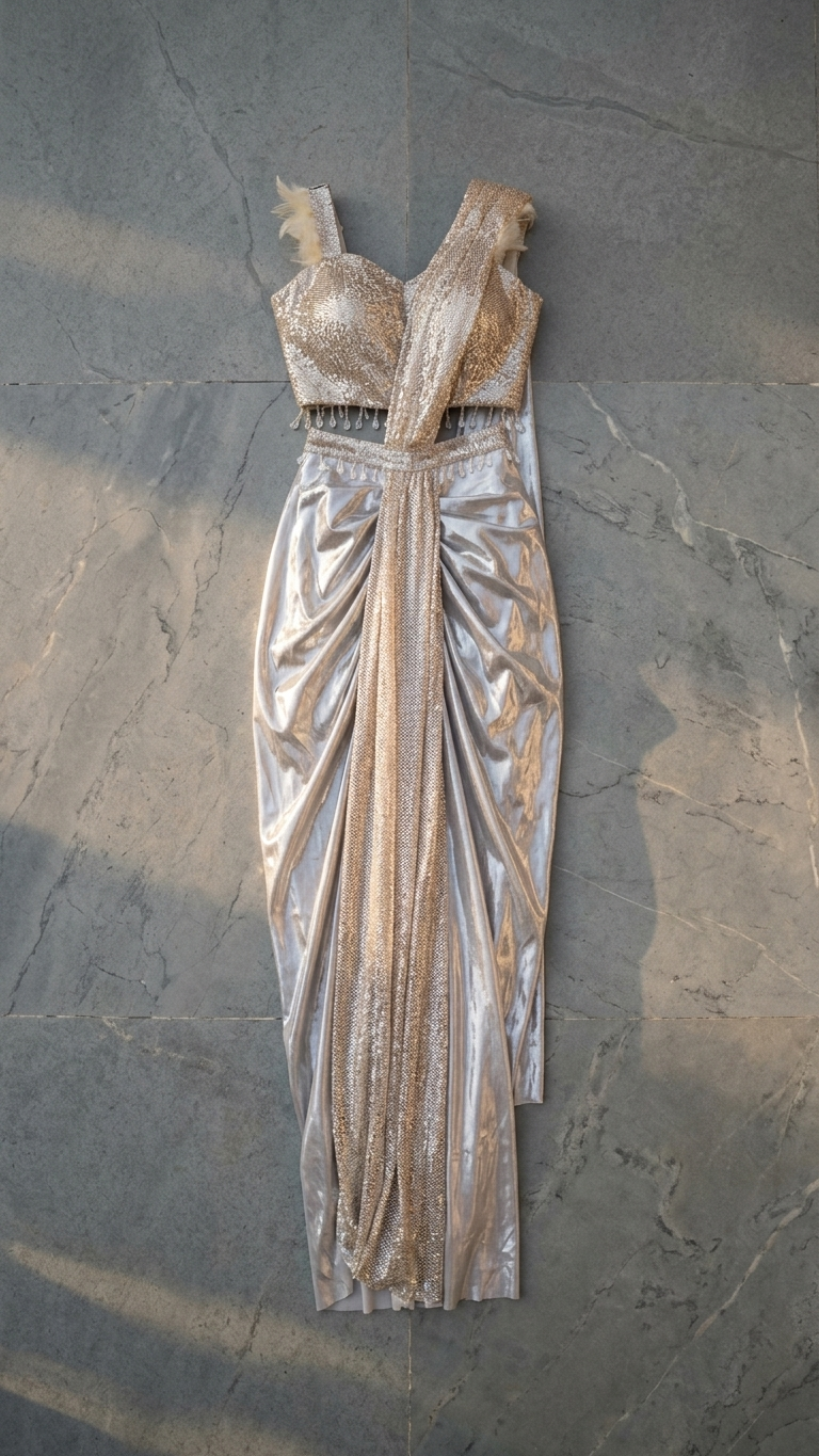 Silver shimmer saree pre stitched modern party wear Chandni Chowk fashion