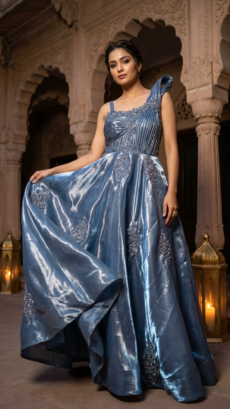 Steel grey satin organza gown with sequin and bead embroidery Chandni Chowk designer gown