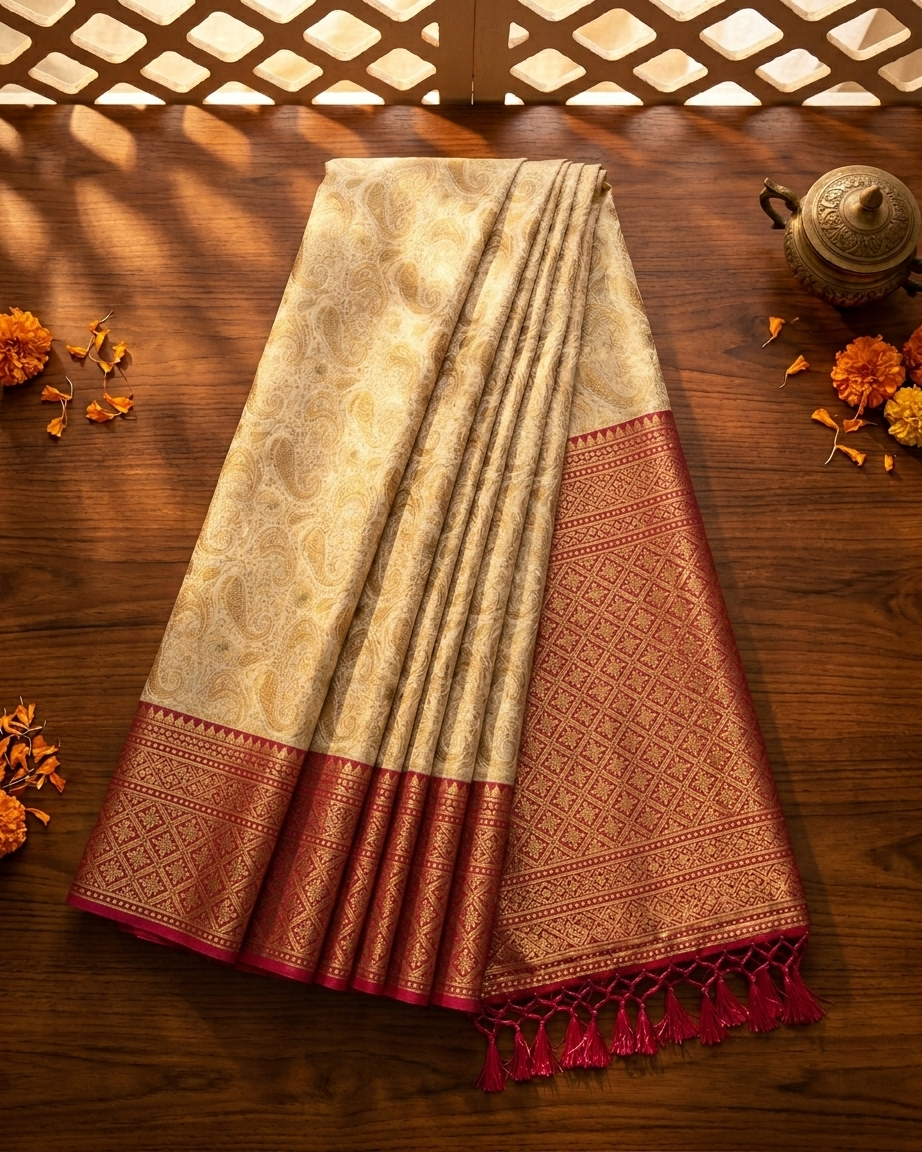 Dual tone red and cream silk saree kanchiwaram fabric festive wear saree India
