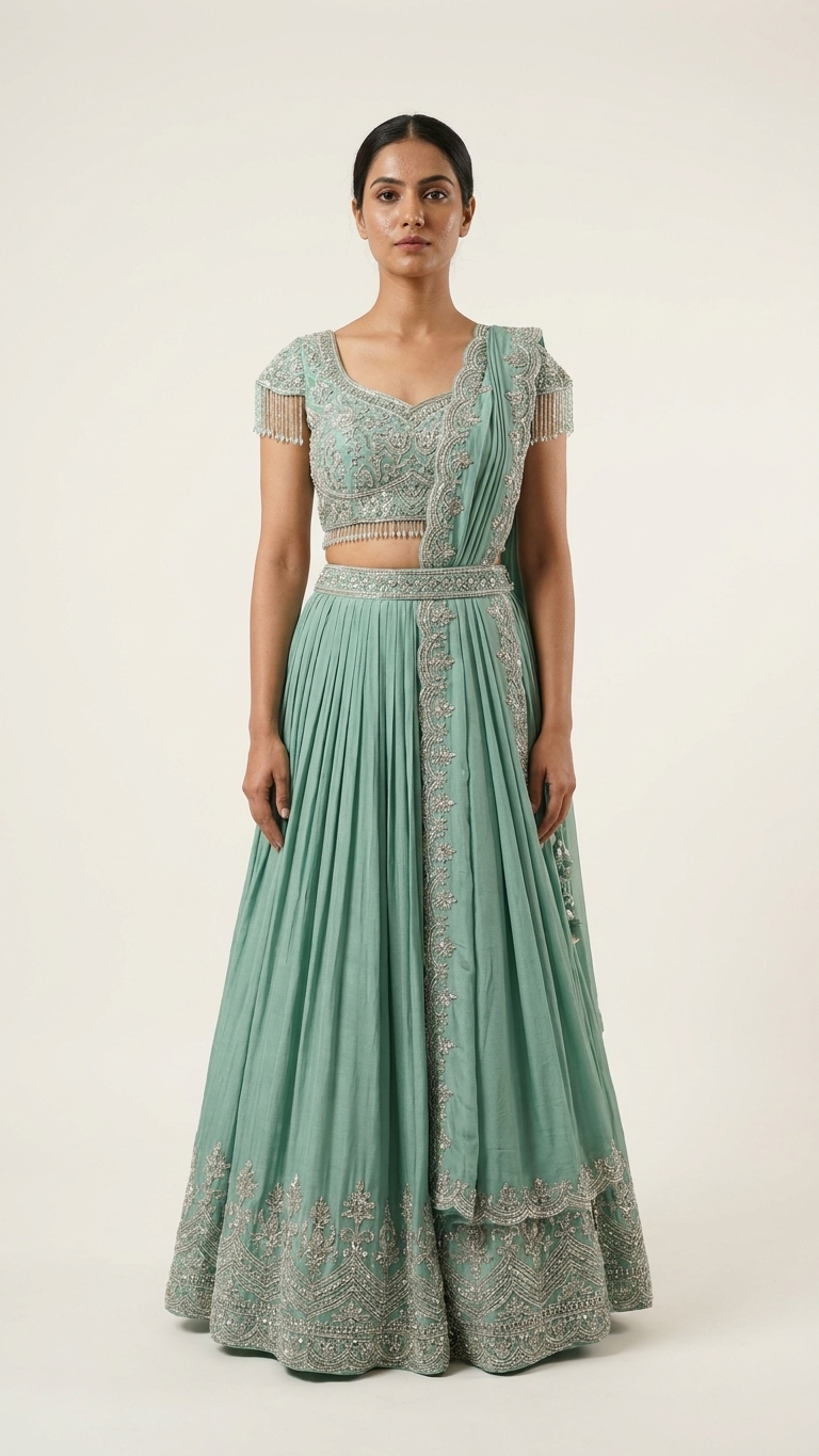 Turquoise lehenga with crystal fringe and stone work modern Chandni Chowk fashion