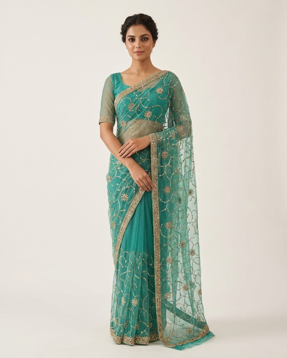 Turquoise saree with sequin and katdana embroidery elegant ethnic fashion
