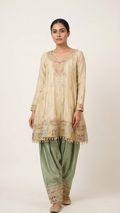 White and light green chinon crepe suit with mirror and zari work festive wear outfit India