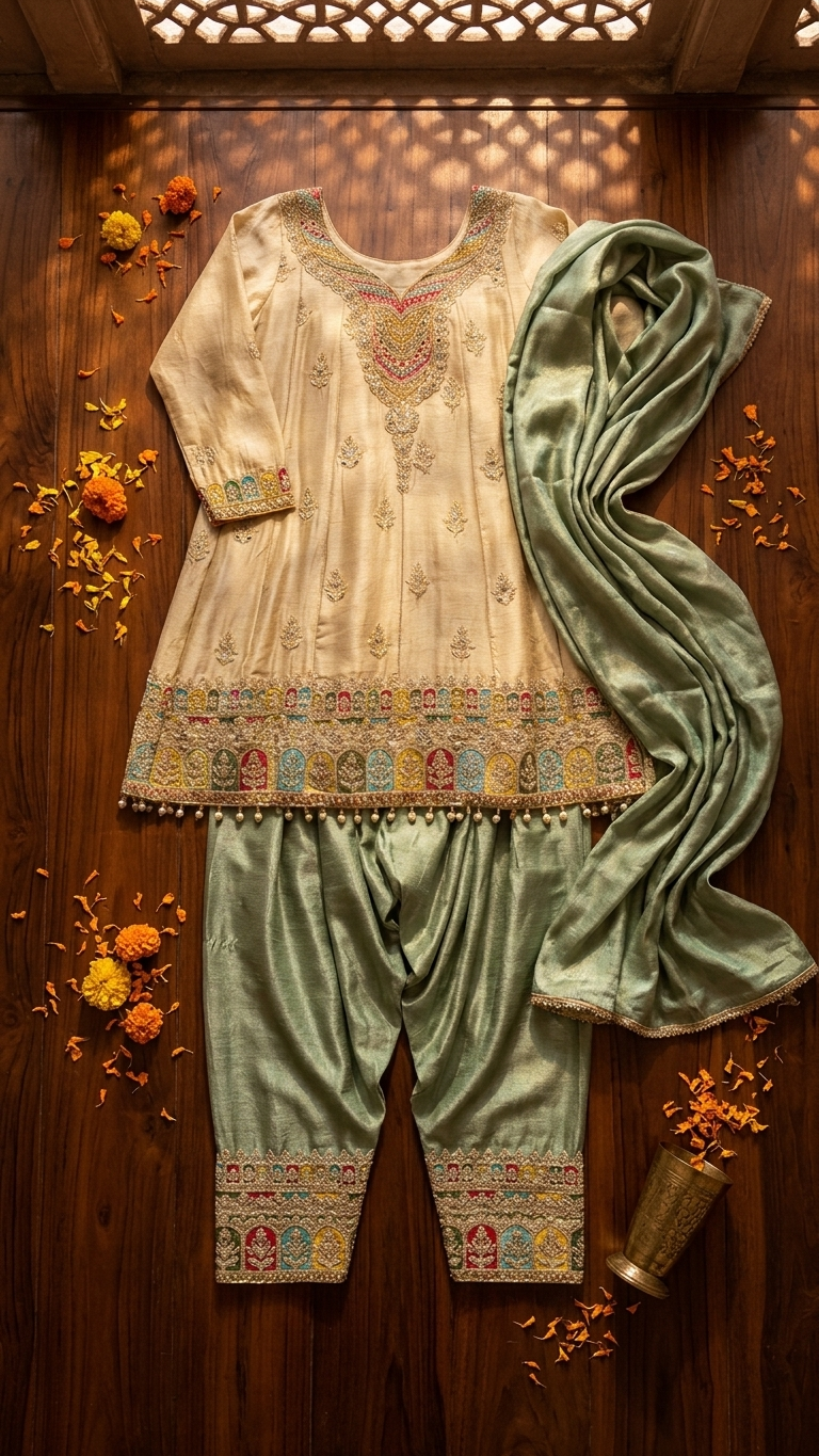 White and green party wear suit with mirror work lightweight ethnic outfit for women