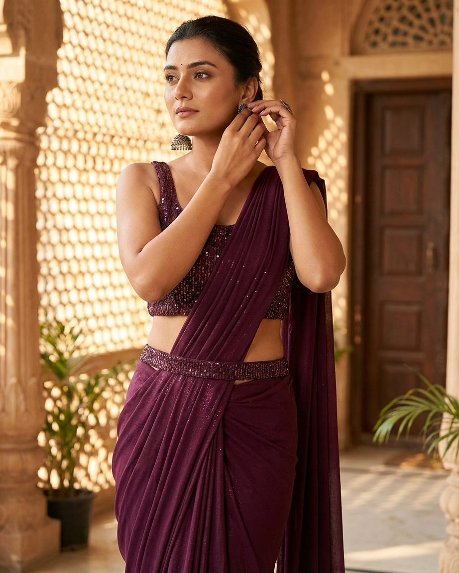 Wine color draped saree in georgette fabric with handworked blouse party wear saree Dilli 6