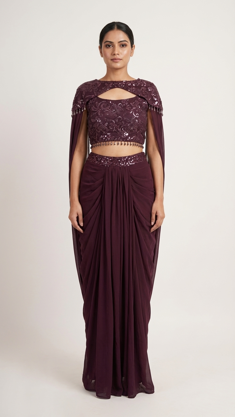 Wine fusion wear outfit with crop top and skirt stylish easy wear festive look